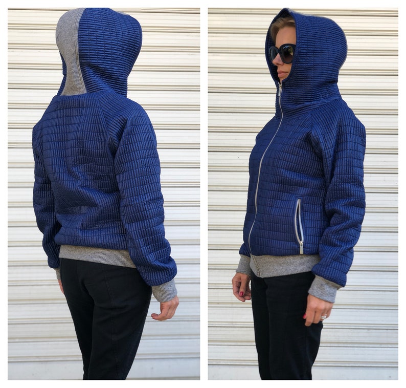 Women Blue Quilted Shell Hoodie Breathable Lining Blue Jacket Hooded Quilted Shell Down Jacket with Pockets