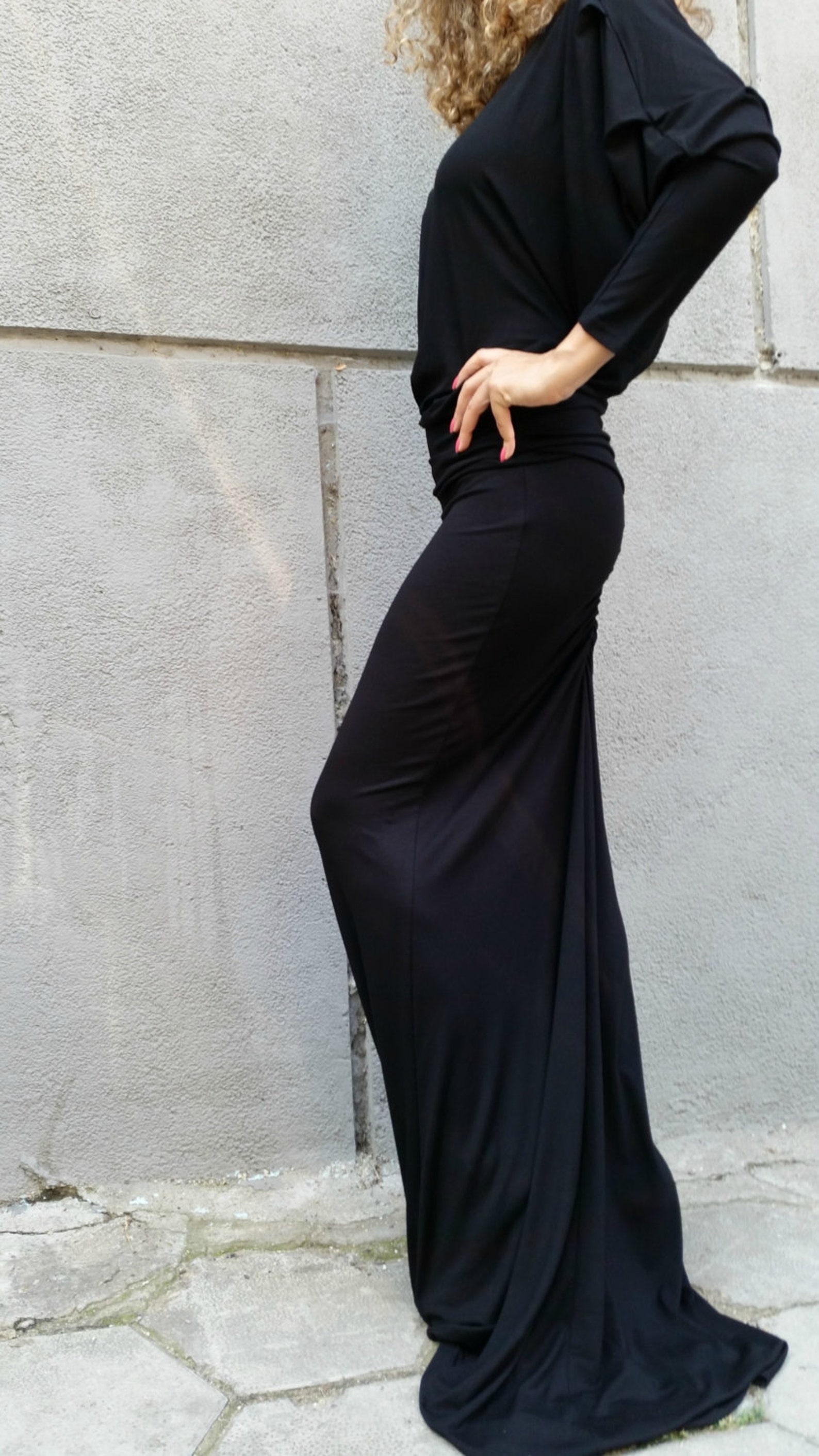 Long Sleeve Maxi Dress Loose Open Back Black Dress Dolman | Etsy