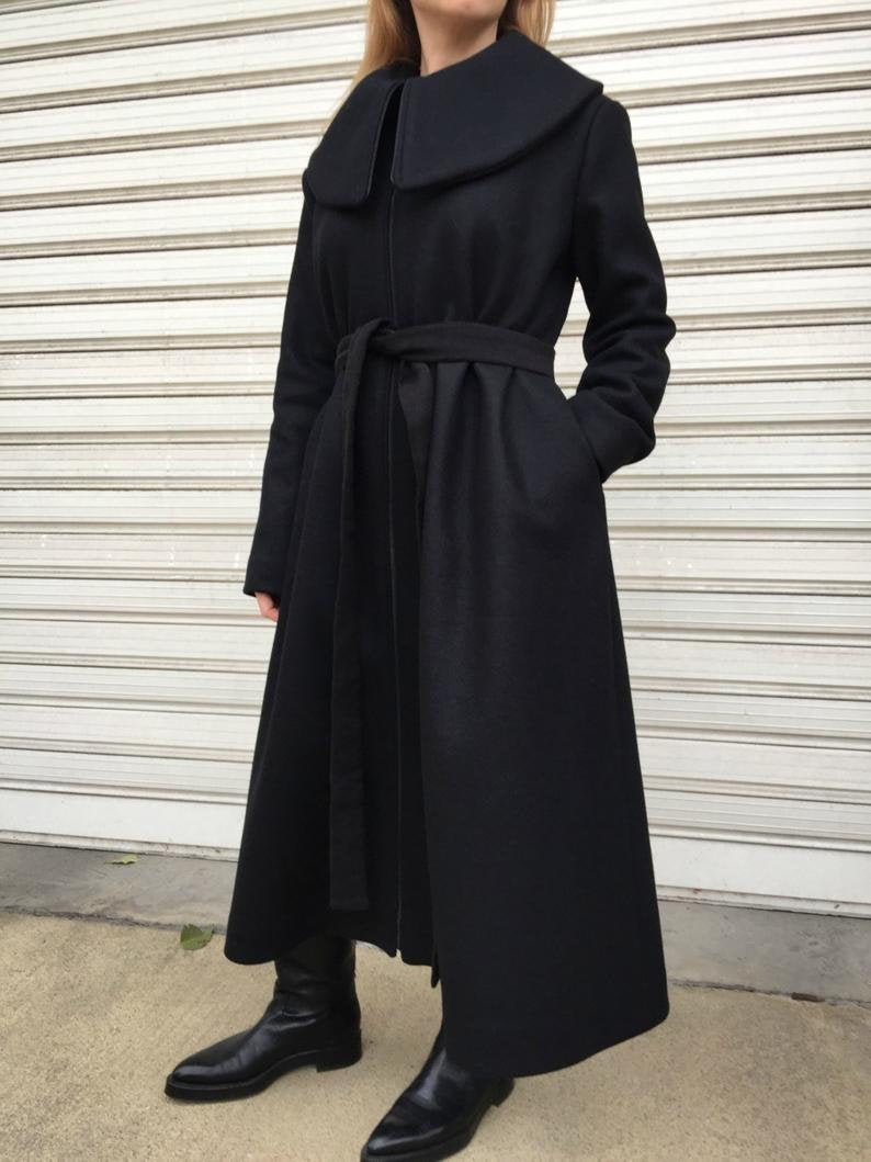 Women Black Maxi Coat / Loose Trench 