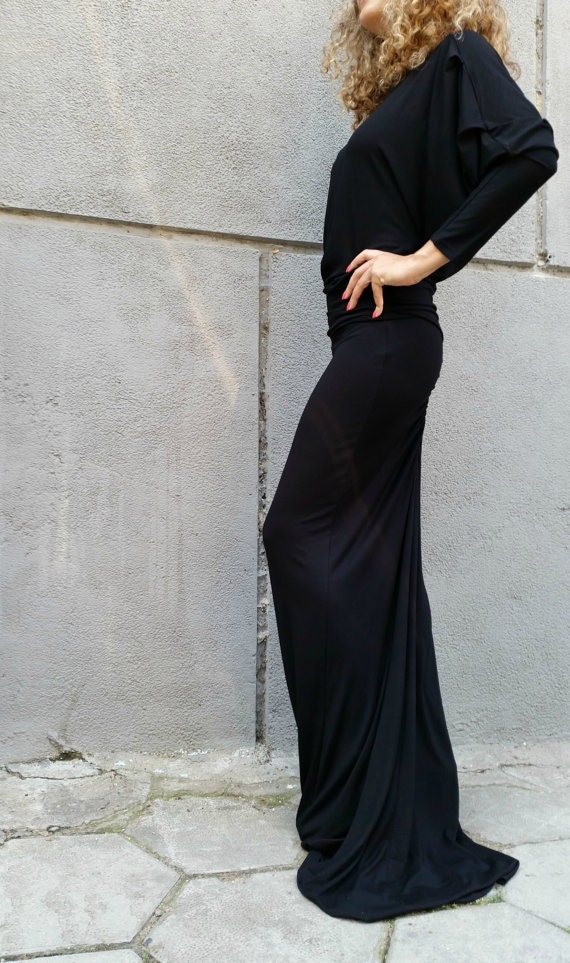 Black Maxi Dress Loose Kaftan Elegant Jersey Dress Long Sleeves Asymmetric Dress Nights in Prague EXPRESS SHIPPING