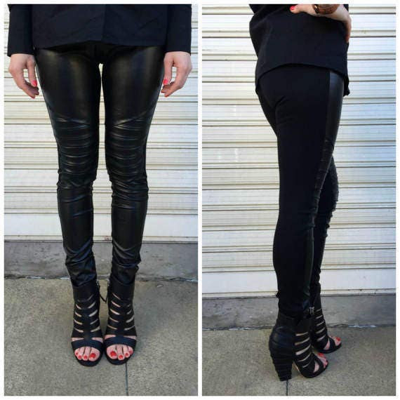 Black Extra Long Leggings / Faux Leather and Knitwear Pants / Etsy