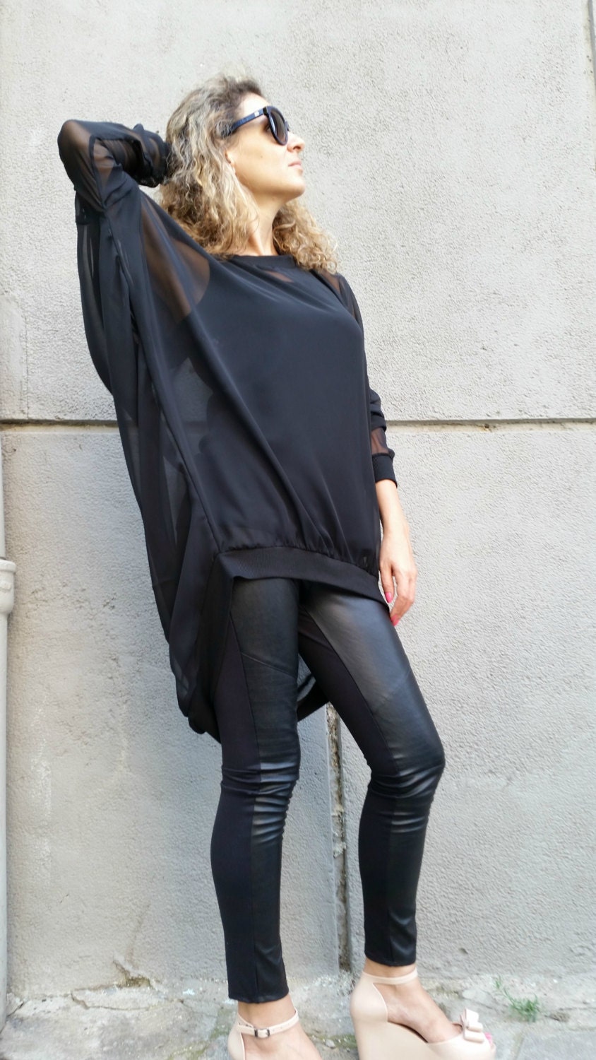 Black Chiffon Oversized Tunic Dress Top Women High Low Casual | Etsy