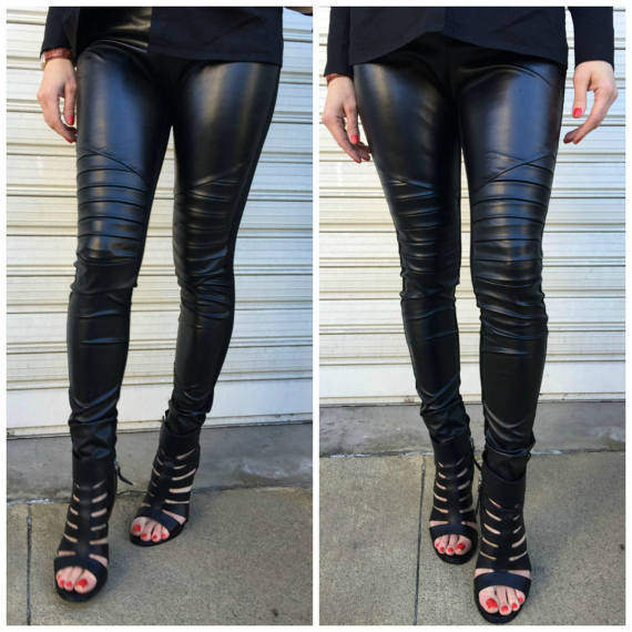 Black Extra Long Leggings / Faux Leather and Knitwear Pants / Etsy