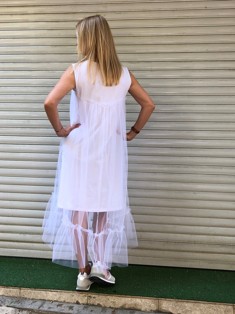 White Maxi Extravagant Tulle Dress Loose Sleeveless Ruffle | Etsy