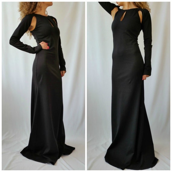 Black Maxi Dress  Loose Kaftan  Elegant Jersey Dress  Long Sleeves Asymmetric Dress Nights in Prague  EXPRESS SHIPPING