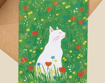 White Cat Card | Wildflower Meadow, Cat Lover Gift