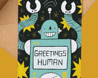 Robot Greetings Card: Retro Style Sci-Fi Illustrated Card