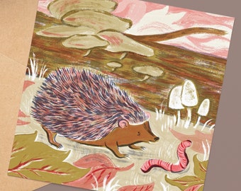 Hedgehog Greetings Card | Autumn Forest Illustration