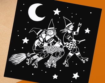 Skate Witches Halloween Greetings Card: Roller Derby Art