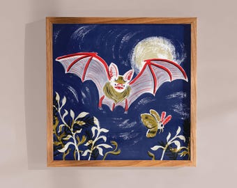 Bat and Moth Square Art Print: Wildlife Illustration on Recycled Paper