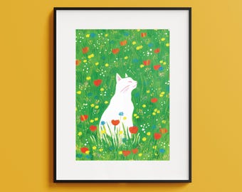 White Cat Art Print: Summer Meadow, Wildflowers A4 Giclée Print