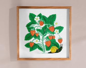 Strawberry Plant and Snail Art Print: Gardener Illustration