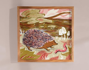 Hedgehog & Worm Art Print: Autumnal Forest Illustration
