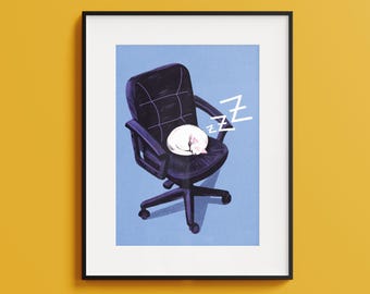 Sleeping Cat Art Print: Funny Office Decor, Cat Lover Gift