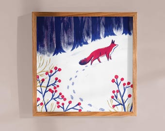 Fox in Winter Snow Art Print: Wildlife Illustration on Recycled Paper