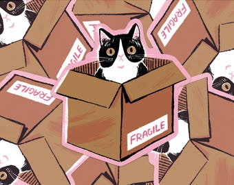 Tuxedo Cat In Box Sticker – FRAGILE – Recycled Paper Sticker