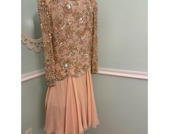 Black Tie Oleg Cassini beaded sequin gown Midi Peach Formal 8 Flowy Glam