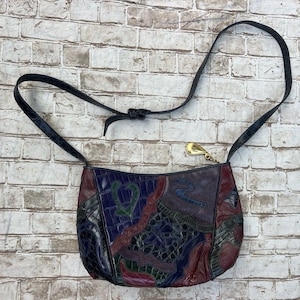 Bolso bandolera Sharif de cuero vintage con diseño de patchwork, estilo años 80