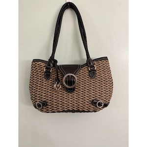 Brighton Woven W/Black Leather Trim Purse Braided Handles Heart Charm Bild 1