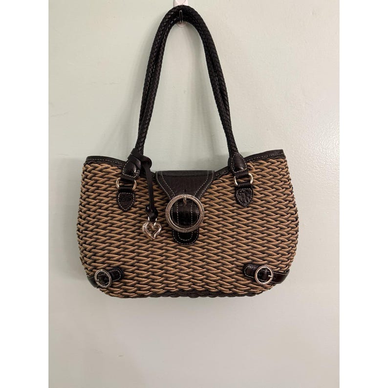 Brighton Woven W/Black Leather Trim Purse Braided Handles Heart Charm Bild 1