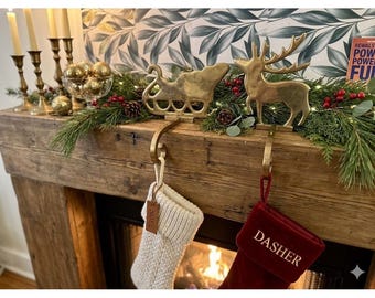 Vtg Brass Christmas Stocking Holder Holders Hangers Sleigh Reindeer