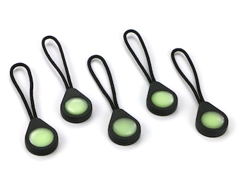 Glo Zip - Ultra-bright glow-in-the-dark zipper pulls. Ideal kit markers. For coats, jackets, rucksacks, tent zipper replacements. UK-Made.