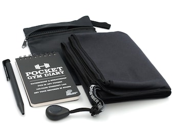 Gym Accessory Pouch Set – With microfibre towel, waterproof Pocket Gym Diary, pen, zip-up storage bag and strong magnetic attachment loop.