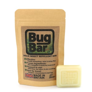 Bug Bar – Solid insect repellent with Citrepel® & rainforest botanicals. Repels mosquitoes, ticks, biting flies. Ideal for travel. UK-made.