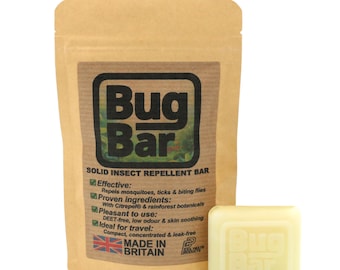 Bug Bar – Solid insect repellent with Citrepel® & rainforest botanicals. Repels mosquitoes, ticks, biting flies. Ideal for travel. UK-made.