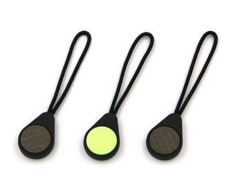 MagneTags – Mini magnetic tags with cord loop for hanging keys and small tools. Glow-in-the-dark rear for kit-marking. Pack of 3. UK-made.