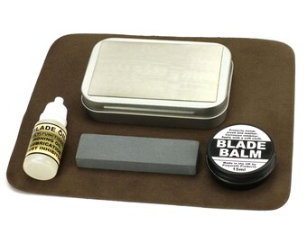 Compact Blade Care Kit - #1000 diamond & #600 stone sharpener set. For tool, knife, axe sharpening. With honing oil, balm, cloth. UK-Made.