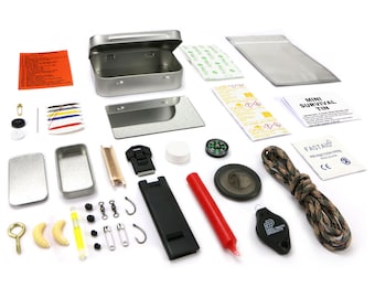 Mini Survival Tin - Pocket-sized kit, loaded with an impressive amount of outdoor survival essentials. For camping, hiking, scouts. UK-made.