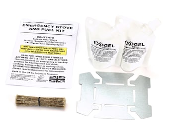 Emergency Stove and Fuel Kit. Compact 'fold-up' stove and gel fuel. For camping, travel, hiking, survival or emergency home use. UK-Made.