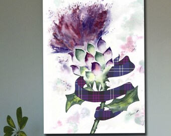 THISTLE und HERITAGE von SCOTLAND Tartan Kunst Leinwand Druck von original Aquarell Malerei schottischen Clan Emblem karierten Disteln Aquarell