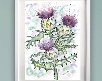 THREE SCOTTISH THISTLES A4 or A3 Print - Art print of original Scottish watercolour painting