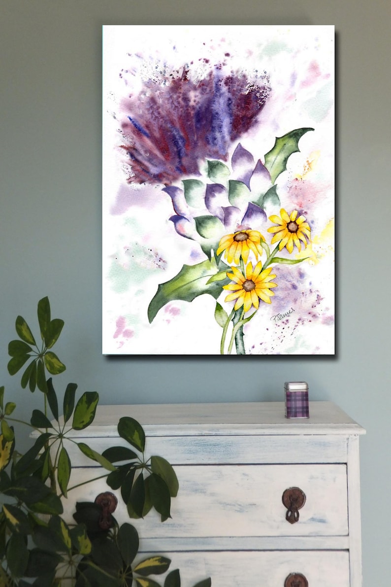 May include: Watercolor painting of a thistle and yellow flowers. The thistle is purple and the flowers are yellow with green leaves. The artwork is on a white background with a light blue wall in the background.