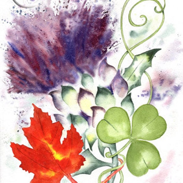 THISTLE SHAMROCK and MAPLE leaf Scotland Ireland and Canada art print of original painting artwork wall art picture