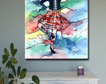 HIGHLAND DANCER Scotland art canvas print of original watercolour painting Scottish dancing tradition heritage tartan watercolor