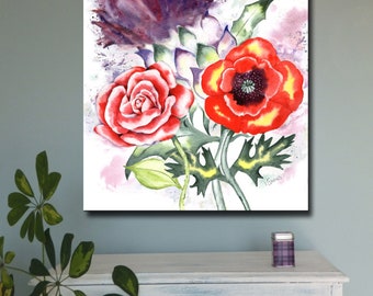 Thistle RED ROSE and POPPY Scotland England canvas print from original painting artwork wall art picture scottish