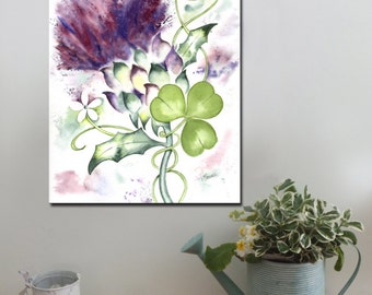 THISTLE SHAMROCK Scotland canvas art print of original watercolour painting Scottish Irish heritage watercolor emblem Ireland