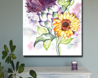 アザミとヒマワリ スコットランドとカンザス キャンバスプリント オリジナル絵画 アートワーク 壁アート 絵画 スコットランド