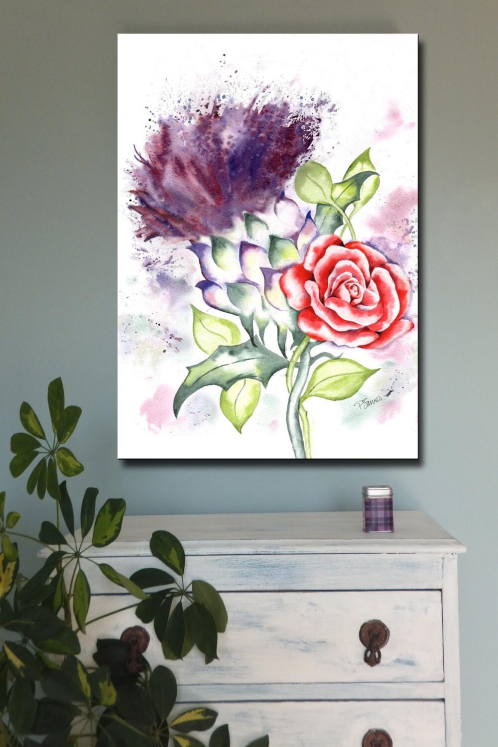 Thistle Red Rose Scotland Canvas Art Print Of Original Etsy