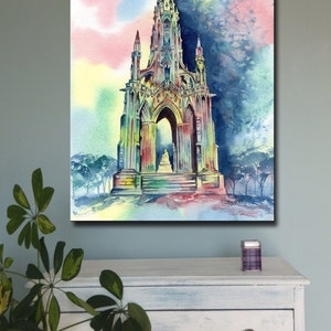 SCOTT MONUMENT EDINBURGH Scotland stampa in tela d&#39;arte di pittura ad acquerello originale Paesaggio scozzese patrimonio acquerello