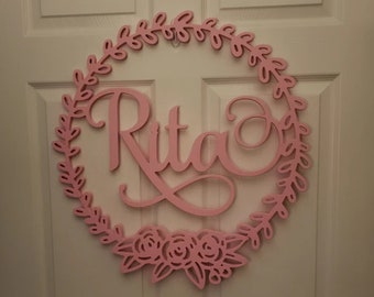 Floral Round Name Sign Custom Decor - Dorm Room Decor - Personalized Wooden Name Sign Floral Wreath - Name Door Hanger - Above Crib Sign