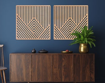 Mountain With Lines Panel Set of 2 Wood Wall Art Decor Wooden Nursery Sign Picture Living Room