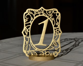 Números de mesa dorados para bodas / Números de mesa de boda / Números de mesa de madera / Números de mesa cortados a láser con base