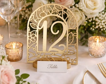 Floral Gold Wedding Table Numbers, Modern Metallic Gold Wedding Table Decor Reception