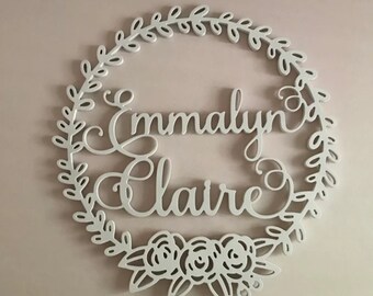 Floral Round Name Sign Custom Decor - Dorm Room Decor - Personalized Wooden Name Sign Floral Wreath - Name Door Hanger - Above Crib Sign