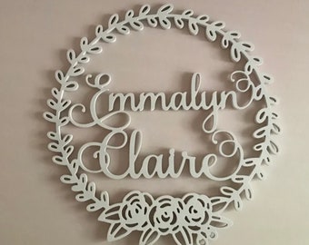 Floral Round Name Sign Custom Decor - Dorm Room Decor - Personalized Wooden Name Sign Floral Wreath - Name Door Hanger - Above Crib Sign
