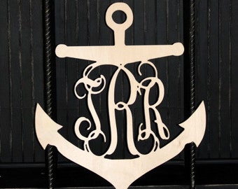 Custom Monogram Anchor Wall Hanging, Wood Anchor Cut Out, Monogram Door Hanger, Monogram Door Wreath, Nautical Beach Decor Wall Sign